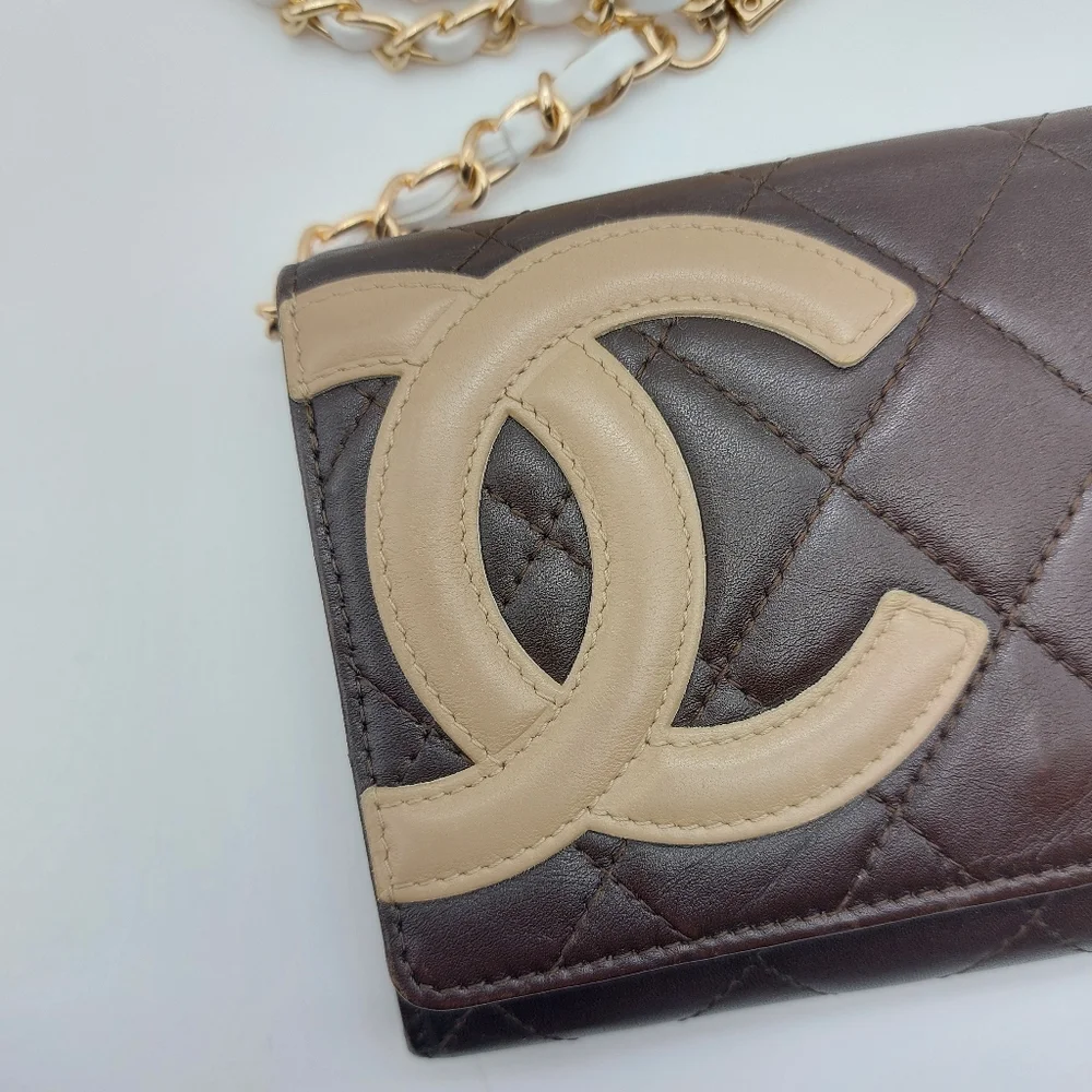 CHANEL Black & Tan Quilted Wallet-on-Chain with Gold Chain